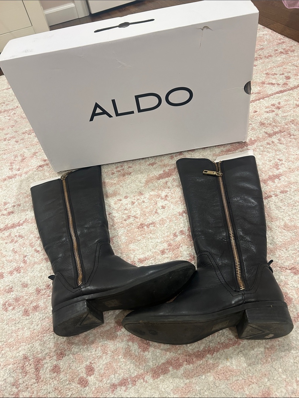 Aldo Black Leather Lace-Up Mid-Calf Boots with Gold Zippers